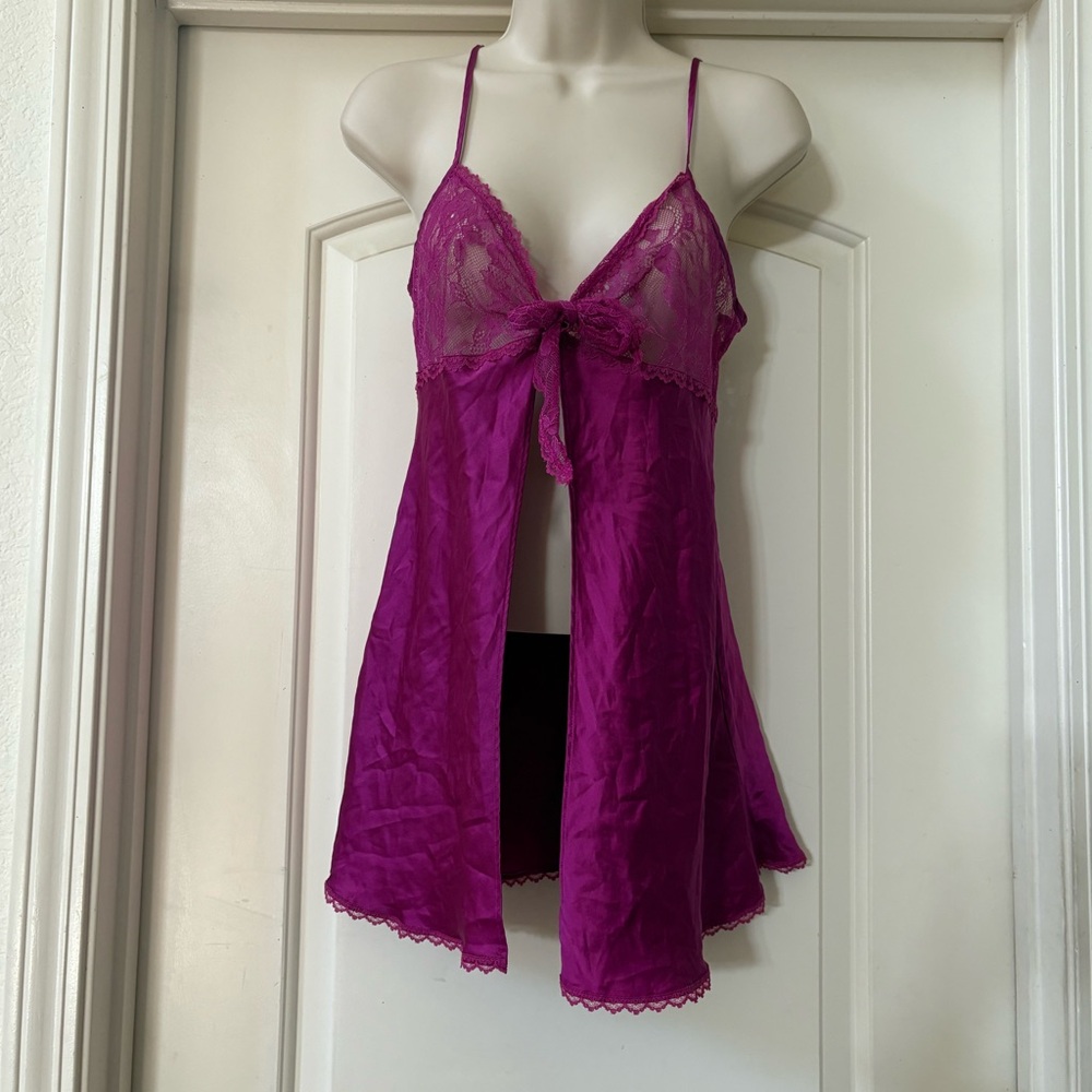 Victoria Secret Silk Chemise Slip Lace Open Front Tie Purple‎ Babydoll Y2K
